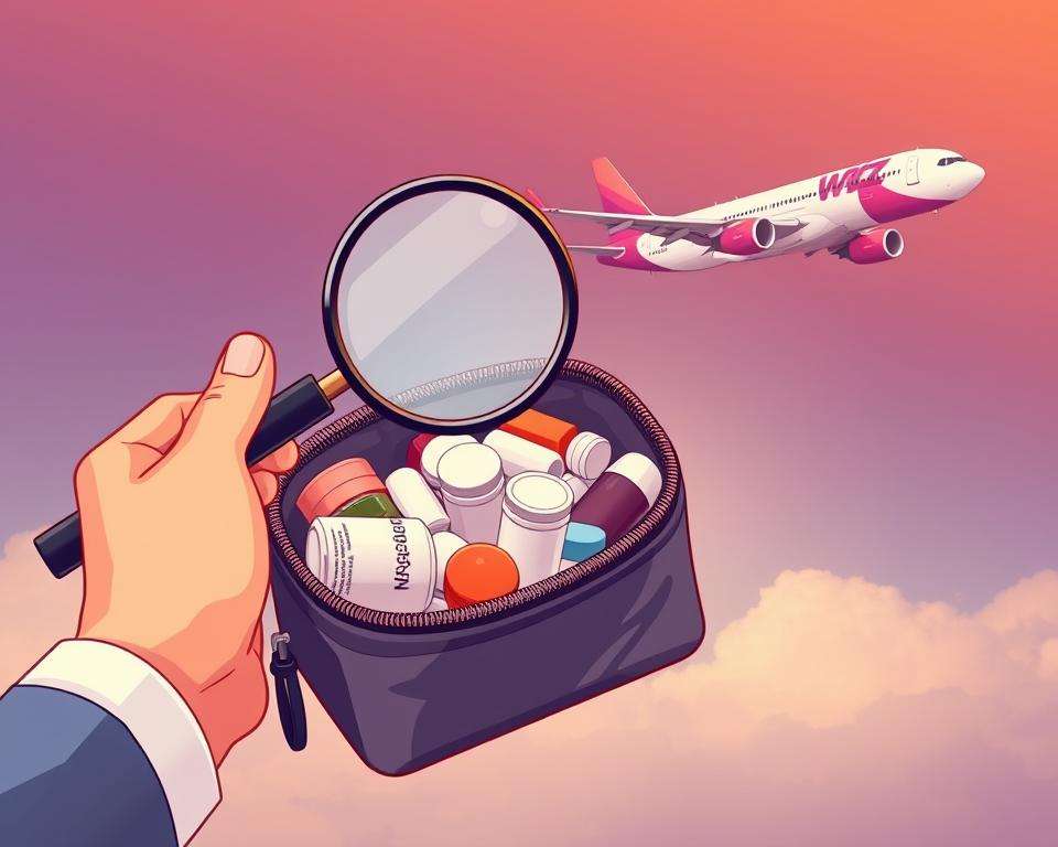A detailed illustration showcasing the key customs regulations for transporting medications on a Wizz Air flight. In the foreground, a hand holds a travel-sized toiletry bag filled with prescription drugs and over-the-counter medicines. The middle ground features a magnifying glass inspecting the bag's contents, highlighting the need for thorough inspection. In the background, a Wizz Air airplane takes off, symbolizing the international travel context. The scene is illuminated by warm, directional lighting, creating a sense of seriousness and professionalism. The overall mood is informative and helpful, guiding air passengers on navigating customs rules for carrying medications.
