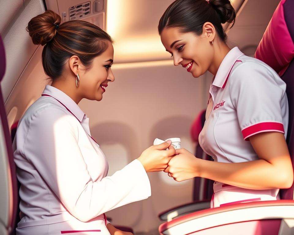 A well-lit cabin interior of a Wizz Air airplane, with a flight attendant in a crisp uniform professionally assisting a passenger with a medication request. The passenger is seated, holding a small container, engaged in a courteous dialogue with the attentive staff member. The scene conveys a sense of trust, efficiency, and a passenger-centric service culture. The lighting is soft and natural, highlighting the faces and creating a calming atmosphere. The angles capture the interaction from a slightly elevated perspective, giving a sense of order and composure within the confined aircraft space.