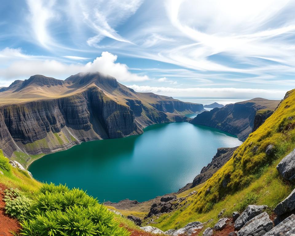 A serene, panoramic landscape featuring the stunning Sørvágsvatn lake nestled amidst the dramatic, windswept cliffs of the Faroe Islands. The emerald-green waters are framed by rugged, towering basalt formations in shades of gray and black, creating a breathtaking contrast with the pale blue sky above. Wispy clouds drift lazily overhead, casting gentle shadows across the undulating terrain. In the foreground, lush, verdant vegetation clings to the rocky slopes, while in the distance, the shimmering waters of the lake reflect the surrounding scenery in a mesmerizing mirror-like surface. The overall scene conveys a profound sense of tranquility and timeless natural beauty. A serene, panoramic landscape featuring the stunning Sørvágsvatn lake nestled amidst the dramatic, windswept cliffs of the Faroe Islands. The emerald-green waters are framed by rugged, towering basalt formations in shades of gray and black, creating a breathtaking contrast with the pale blue sky above. Wispy clouds drift lazily overhead, casting gentle shadows across the undulating terrain. In the foreground, lush, verdant vegetation clings to the rocky slopes, while in the distance, the shimmering waters of the lake reflect the surrounding scenery in a mesmerizing mirror-like surface. The overall scene conveys a profound sense of tranquility and timeless natural beauty.