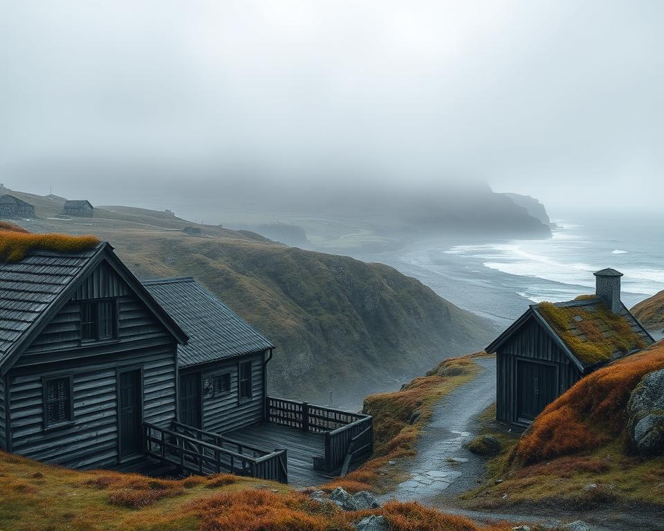 An abandoned fishing village on the windswept Faroe Islands, nestled amidst jagged cliffs and rolling hills. Weathered wooden cottages stand in eerie silence, their windows dark and overgrown with moss. A thick, moody fog hangs in the air, casting an otherworldly glow over the deserted streets. In the distance, the crashing of waves against the rocky shore echoes, a haunting soundtrack to the desolate scene. The village seems frozen in time, a testament to the harsh, isolated existence of its former inhabitants. A sense of melancholy and mystery permeates the landscape, inviting the viewer to imagine the stories that these abandoned homes could tell. An abandoned fishing village on the windswept Faroe Islands, nestled amidst jagged cliffs and rolling hills. Weathered wooden cottages stand in eerie silence, their windows dark and overgrown with moss. A thick, moody fog hangs in the air, casting an otherworldly glow over the deserted streets. In the distance, the crashing of waves against the rocky shore echoes, a haunting soundtrack to the desolate scene. The village seems frozen in time, a testament to the harsh, isolated existence of its former inhabitants. A sense of melancholy and mystery permeates the landscape, inviting the viewer to imagine the stories that these abandoned homes could tell.