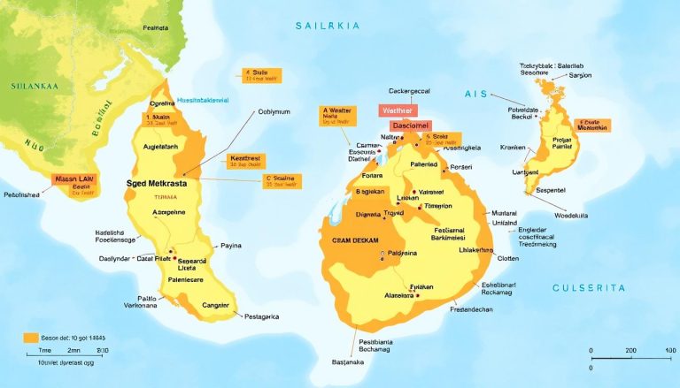 Mapa Sri Lanki z zaznaczonymi sezonami na poszczególnych wybrzeżach