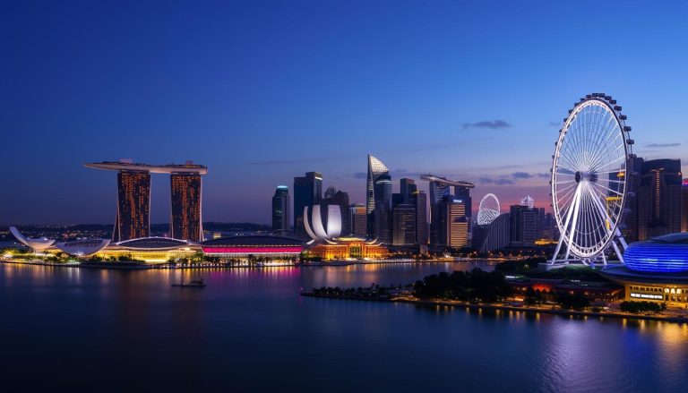 Panorama Singapuru z widokiem na Marina Bay Sands i Gardens by the Bay, ukazująca singapur ciekawostki architektoniczne