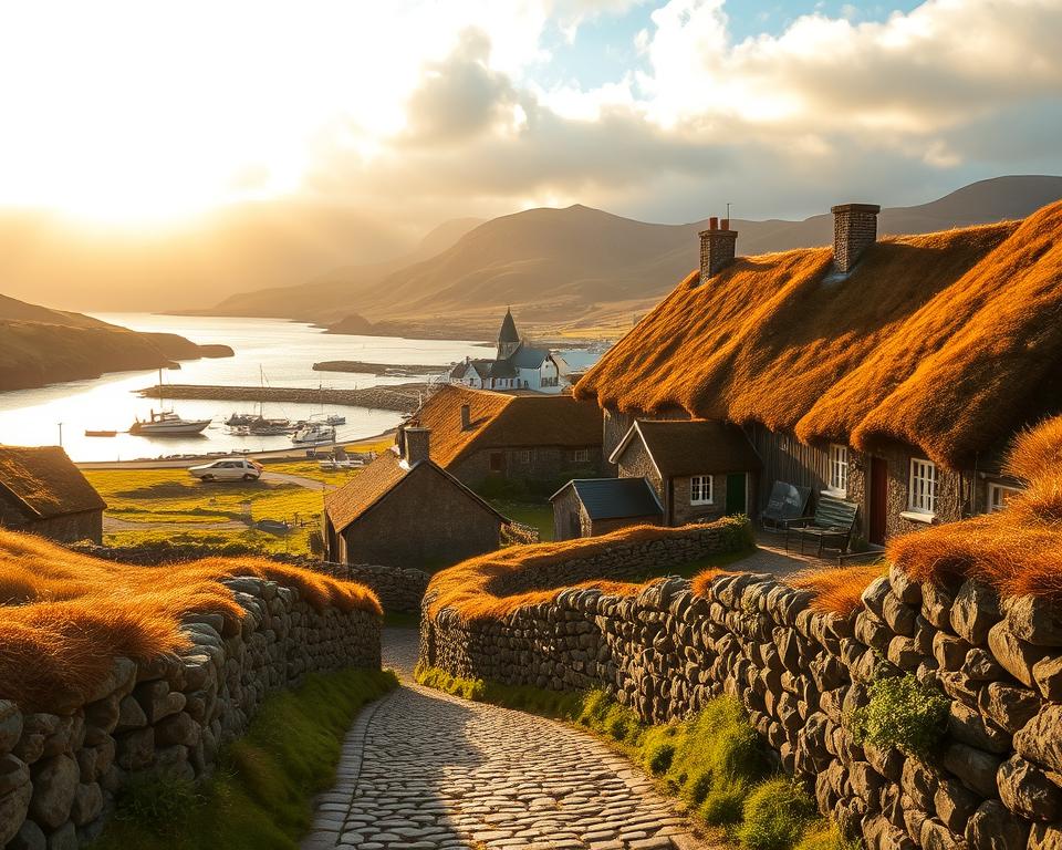 Tradycyjna architektura na wyspach owczych: a quaint village nestled amidst rugged, sweeping landscapes, with charming turf-roofed cottages and stone walls weathered by the North Atlantic winds. Warm golden light filters through the clouds, casting a soft glow over the scene. In the foreground, a cobblestone path winds through the village, leading the viewer's eye towards the picturesque harbor in the distance, where small fishing boats bob gently on the calm, steel-blue waters. The architecture reflects the island's rich cultural heritage, with distinct architectural styles and locally-sourced materials blending seamlessly into the natural environment. An atmosphere of tranquility and timelessness pervades the scene, capturing the essence of the Faroe Islands' enduring traditions and resilient spirit. Tradycyjna architektura na wyspach owczych: a quaint village nestled amidst rugged, sweeping landscapes, with charming turf-roofed cottages and stone walls weathered by the North Atlantic winds. Warm golden light filters through the clouds, casting a soft glow over the scene. In the foreground, a cobblestone path winds through the village, leading the viewer's eye towards the picturesque harbor in the distance, where small fishing boats bob gently on the calm, steel-blue waters. The architecture reflects the island's rich cultural heritage, with distinct architectural styles and locally-sourced materials blending seamlessly into the natural environment. An atmosphere of tranquility and timelessness pervades the scene, capturing the essence of the Faroe Islands' enduring traditions and resilient spirit.