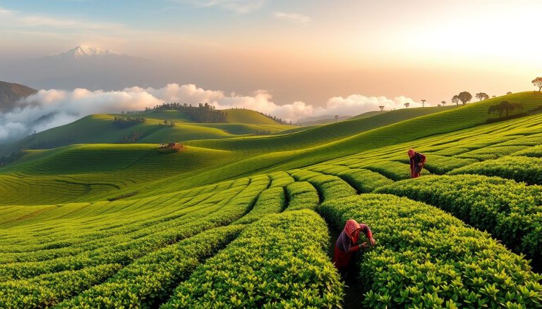 Plantacja herbaty Darjeeling w Indiach z widokiem na Himalaje