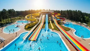 Widok panoramiczny na aquapark z kolorowymi zjeżdżalniami wodnymi i pływającymi turystami