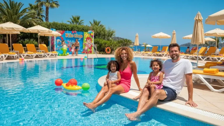 Rodzina z dziećmi relaksuje się w basenie hotelu all-inclusive nad morzem w Europie