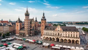 Kraków rynek główny z kościołem mariackim - jeden z 17 obiektów UNESCO w Polsce