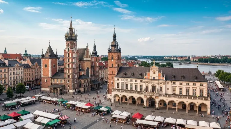 Kraków rynek główny z kościołem mariackim - jeden z 17 obiektów UNESCO w Polsce