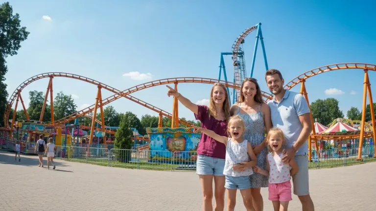 Rodzina z dziećmi zwiedza kolorowy park rozrywki w Polsce latem
