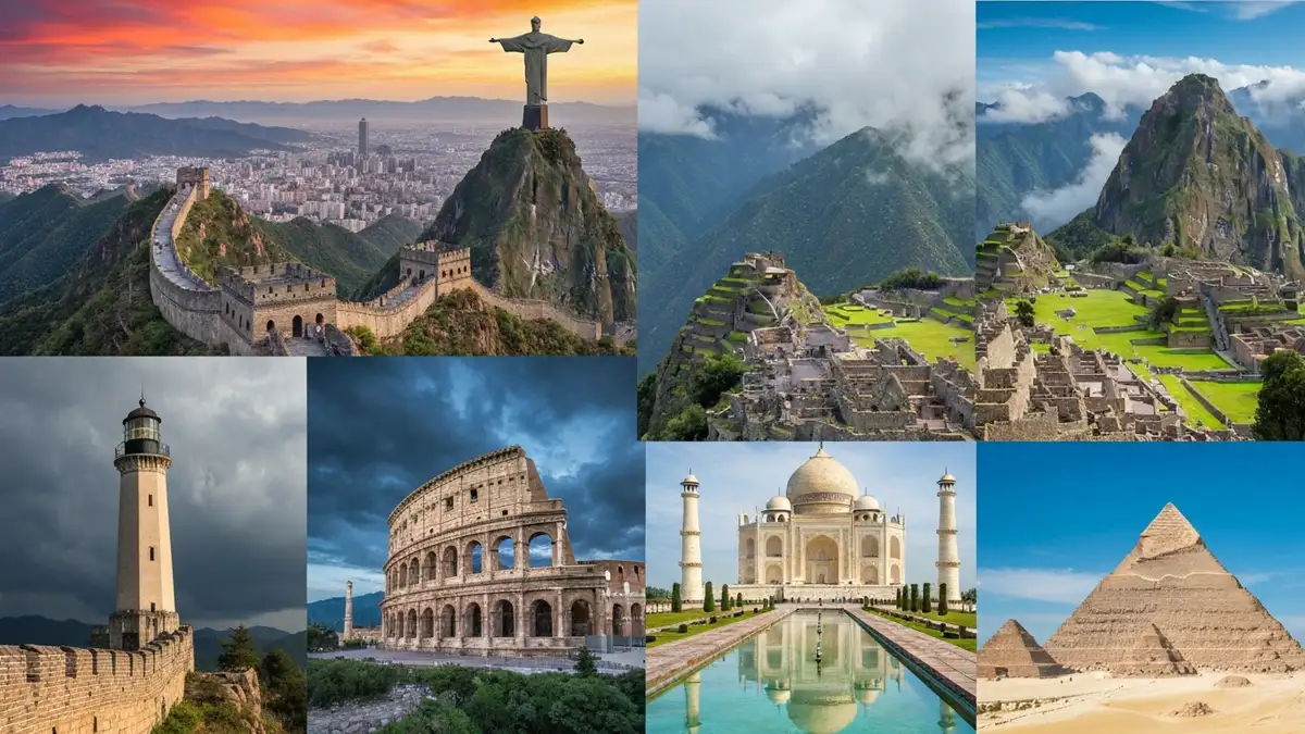 Kolaż siedmiu nowych cudów świata - Wielki Mur Chiński, Statua Chrystusa, Machu Picchu, Koloseum, Taj Mahal, Latarnia Aleksandryjska, Висячие сады i Piramida Cheopsa