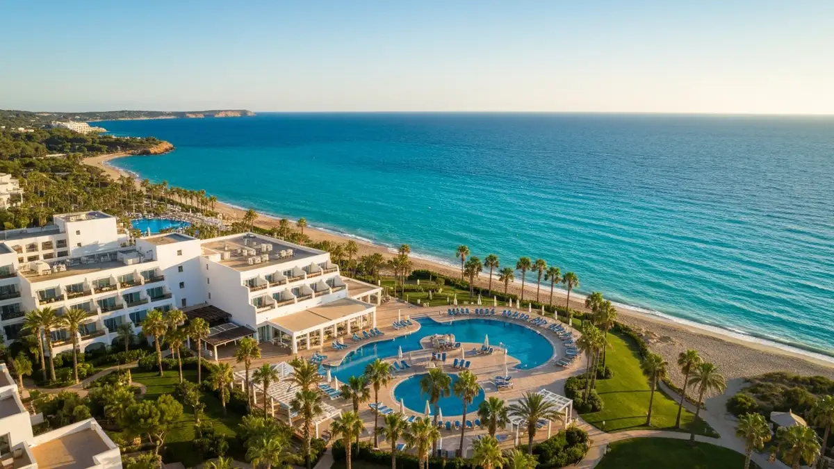 Widok z lotu ptaka na luksusowy hotel all-inclusive na plaży Majorki z turkusowym morzem i słoneczną pogodą