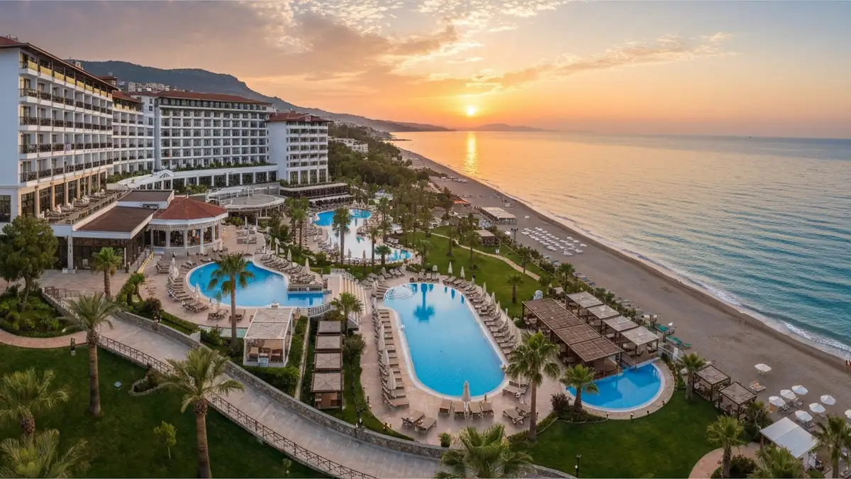 Widok z lotu ptaka na hotel all-inclusive nad Morzem Śródziemnym w Antalyi z basenami i plażą