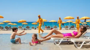 Rodzina z dziećmi na plaży przy hotelu all-inclusive, dzieci bawiące się w basenku, rodzice relaksujący się na leżakach