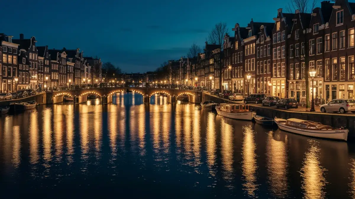 Amsterdam nocą z oświetlenymi kanałami i most z charakterystyczną holenderską architekturą