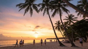 Zachodnie słońce nad plażą Seminyak na Bali z widokiem na ogień na tle palm kokosowych, turyści spacerują po piasku