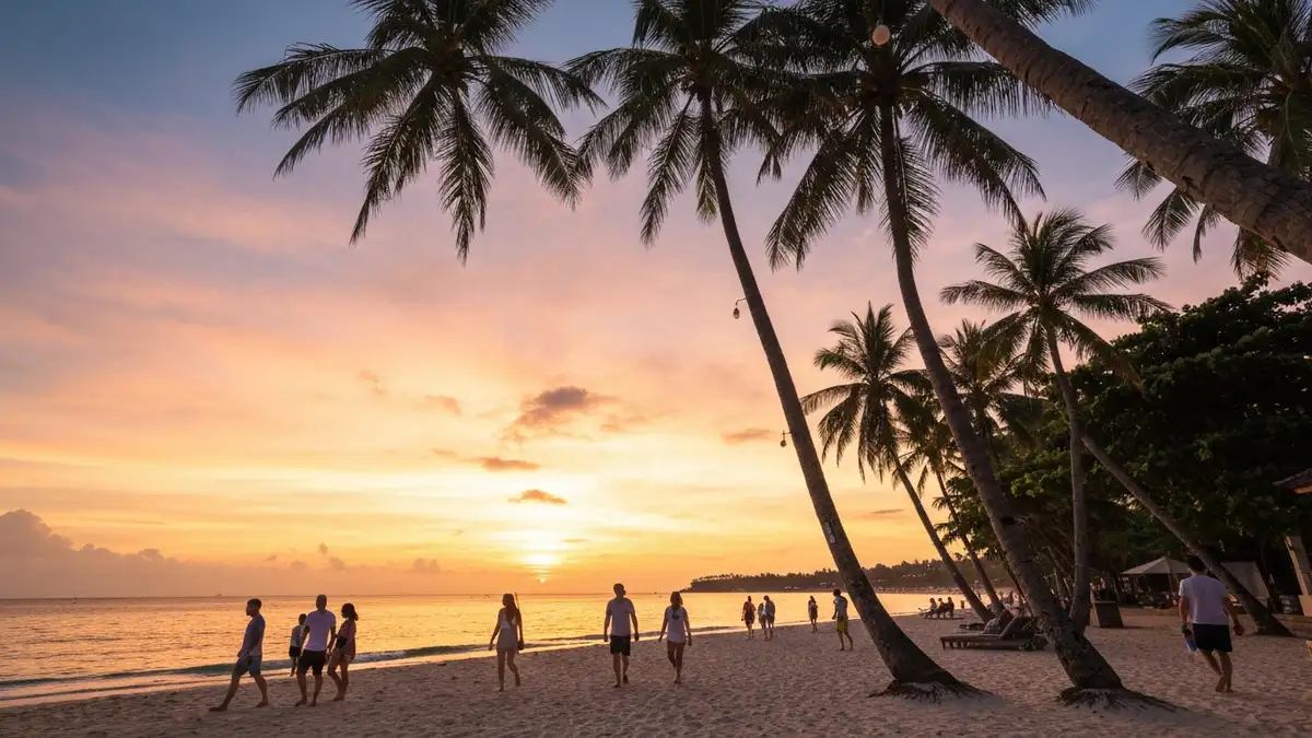 Zachodnie słońce nad plażą Seminyak na Bali z widokiem na ogień na tle palm kokosowych, turyści spacerują po piasku