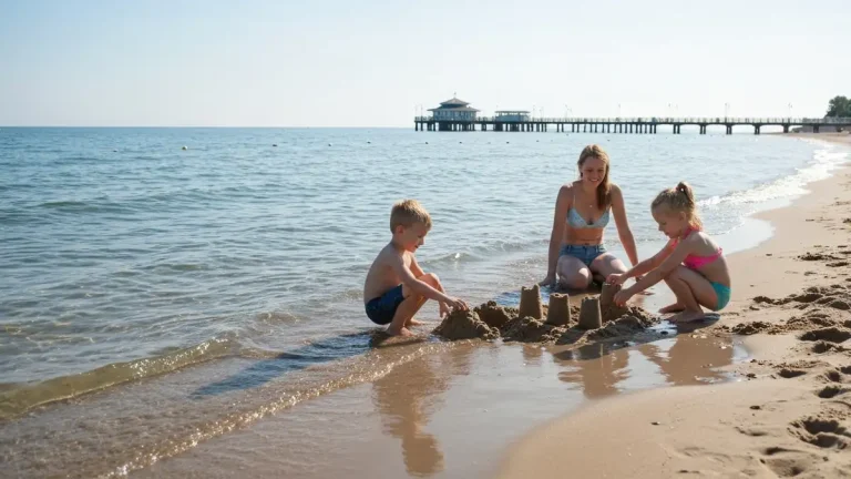 Rodzina z dwojgiem małych dzieci bawiąca się na piaszczystej plaży Bałtyku, w tle molo Sopotu, słoneczny dzień