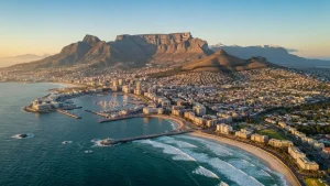 Cape Town widok z Table Mountain na miasto, ocean i Przylądek Dobrej Nadziei o zachodzie słońca