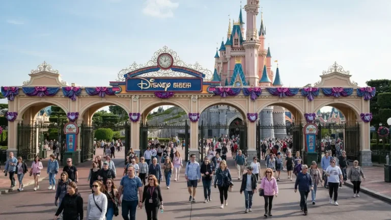 Widok wejścia do parku Disneyland Paris z zamkiem Kopciuszka w tle, turyści schodzą po schodach, flagi i transparenty promocyjne 2026