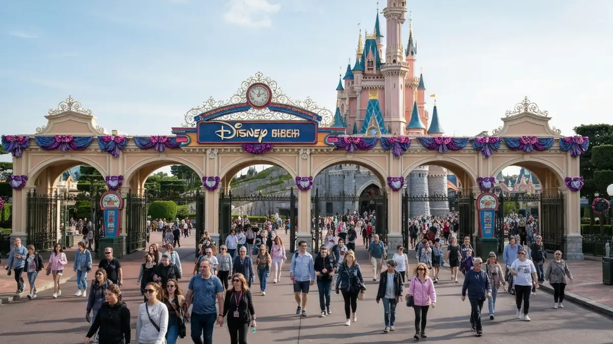 Widok wejścia do parku Disneyland Paris z zamkiem Kopciuszka w tle, turyści schodzą po schodach, flagi i transparenty promocyjne 2026