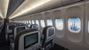 Wnętrze kabiny ekonomicznej samolotu Emirates z widokiem na siedzenia, ekrany i okna