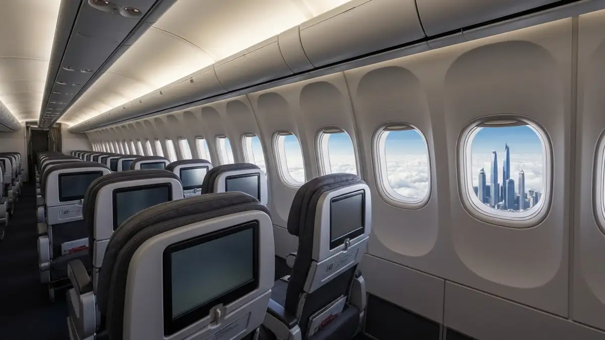 Wnętrze kabiny ekonomicznej samolotu Emirates z widokiem na siedzenia, ekrany i okna