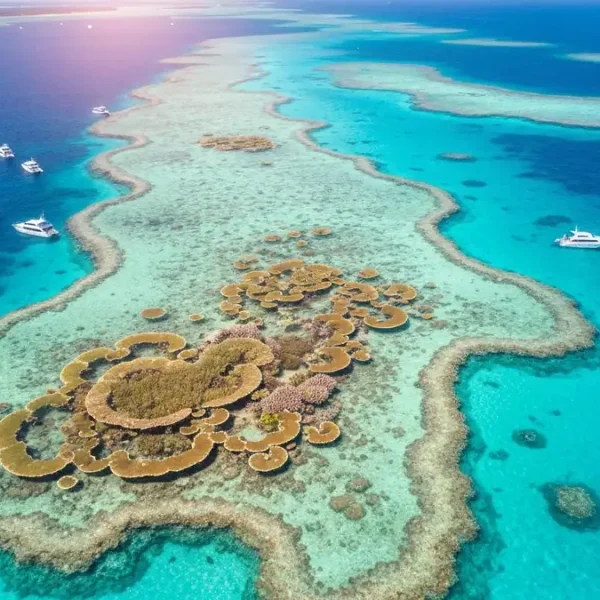 Widok z lotu ptaka na Great Barrier Reef z turkusową wodą i białymi łodziami turystycznymi