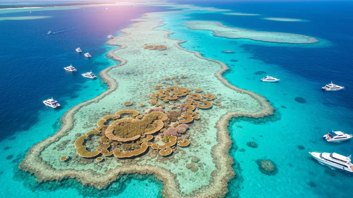 Widok z lotu ptaka na Great Barrier Reef z turkusową wodą i białymi łodziami turystycznymi