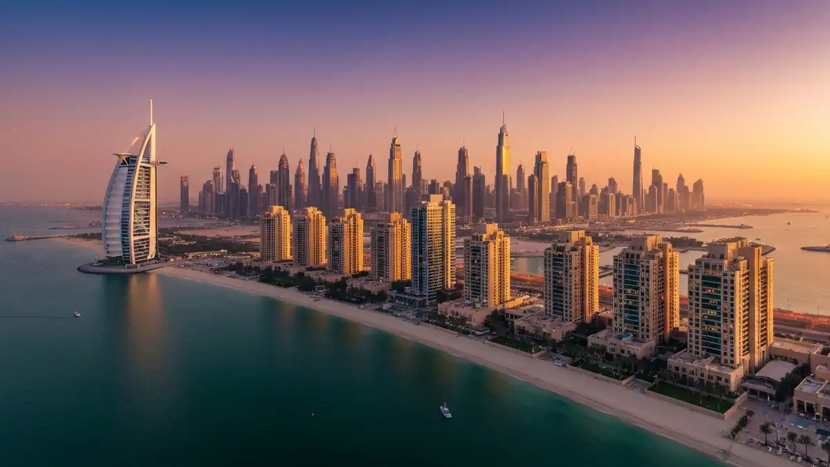 Widok panoramiczny na Burj Al Arab i inne hotele 5 gwiazdek w Dubaju o zachodzie słońca