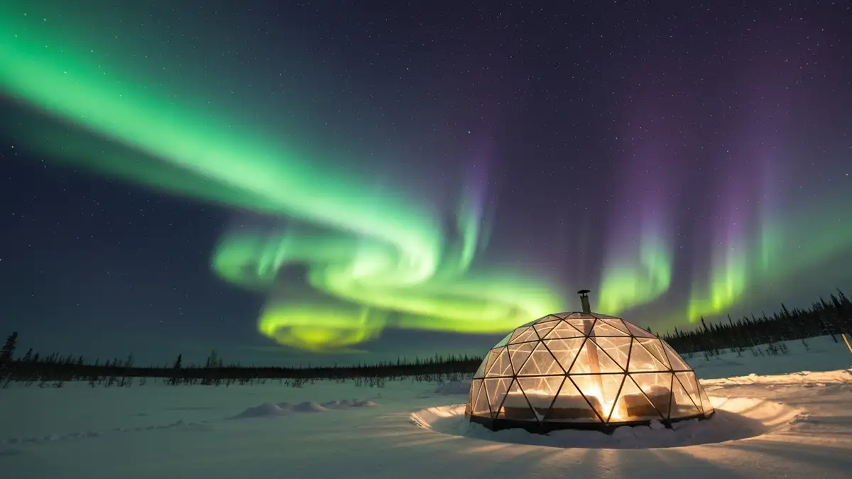 Przezroczyste igloo w nocy z widokiem na polarne światła nad Laponią w Finlandii