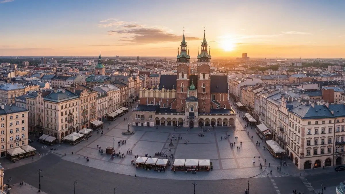 Widok na Rynek Główny i hotele w Krakowie z lotu ptaka, przełomowa architektura miasta
