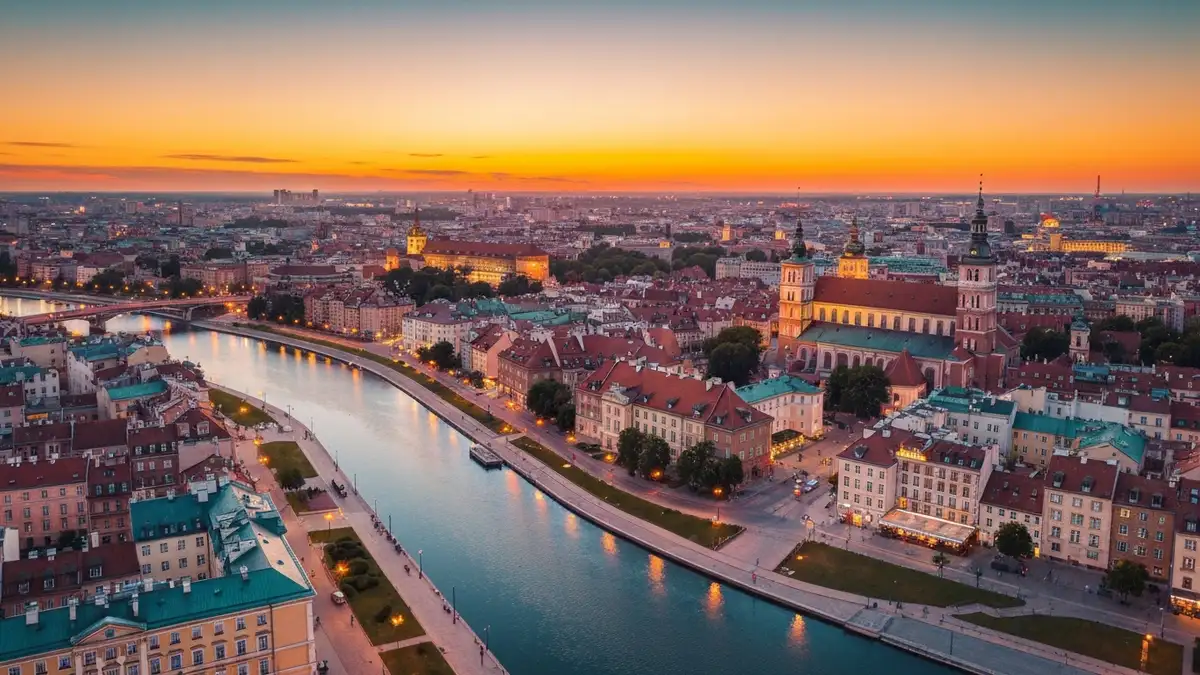 Widok na Stare Miasto w Warszawie z hotelu na tle rzeki Wisły i nowoczesnych budynków