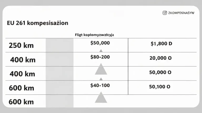 Tabela kompensacji EU 261 z kwotami 250 400 600 EUR w zależności od dystansu lotu