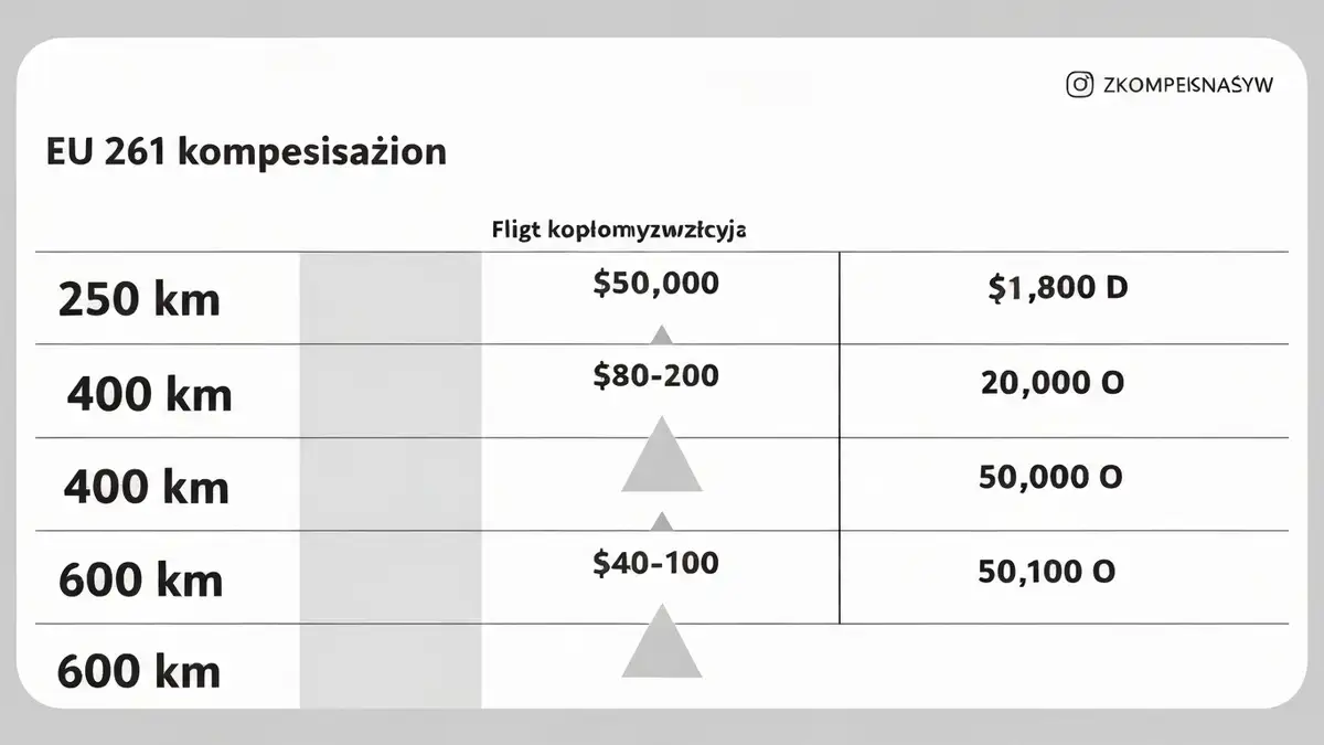 Tabela kompensacji EU 261 z kwotami 250 400 600 EUR w zależności od dystansu lotu