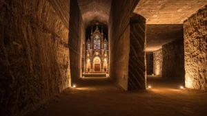Wnętrze kopalni soli w Wieliczce z podziemnymi korytarzami i oświetleniem