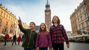 Rodzina zwiedzająca Rynek Główny w Krakowie z dzieckiem