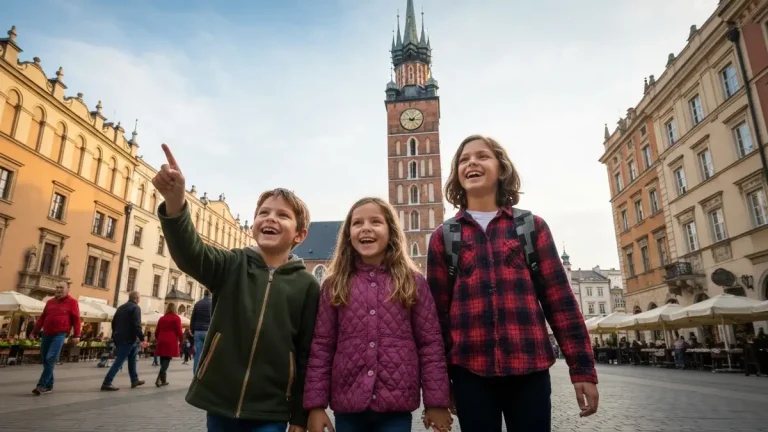 Rodzina zwiedzająca Rynek Główny w Krakowie z dzieckiem