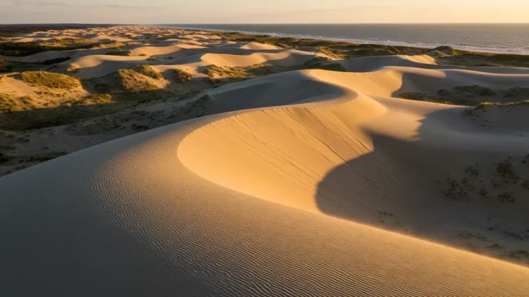 Ruchome wydmy w Słowińskim Parku Narodowym w Łębie, golden hour, piasek tworzy fale krajobrazu