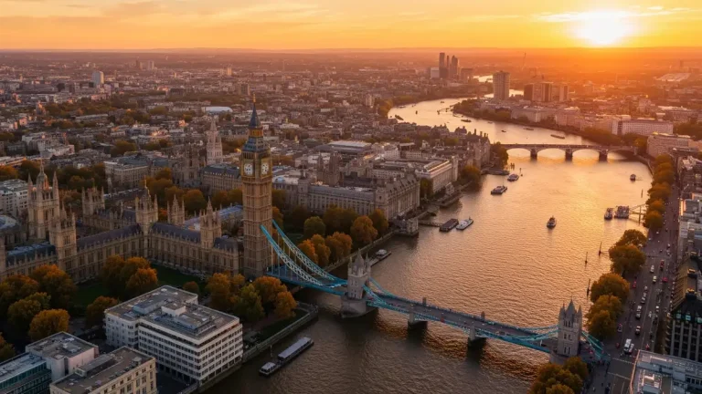 Widok na Big Ben i Tower Bridge w Londynie o zmierzchu z Tamizy