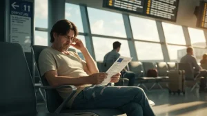Pasażer czekający na lotnisku z tabelą informacyjną o odwołanym locie