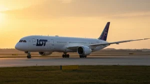Samolot LOT Boeing 787 Dreamliner na pasie startowym lotniska Warszawskiego