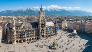 Marienplatz w Monachium z widokiem na Ratusz i górami Bawarii w tle