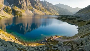Widok na Morskie Oko z jasnym niebem, otoczone szczytem gór tatrzańskich, turyści na brzegu