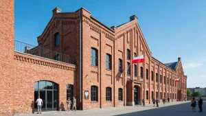 Fasada Muzeum Powstania Warszawskiego z wejściem i flagą polską