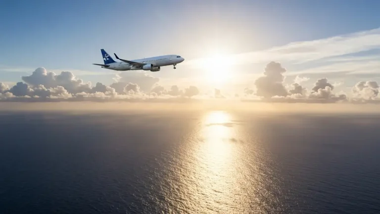 Samolot lecący nad oceanem w kierunku Azji o wschodzie słońca