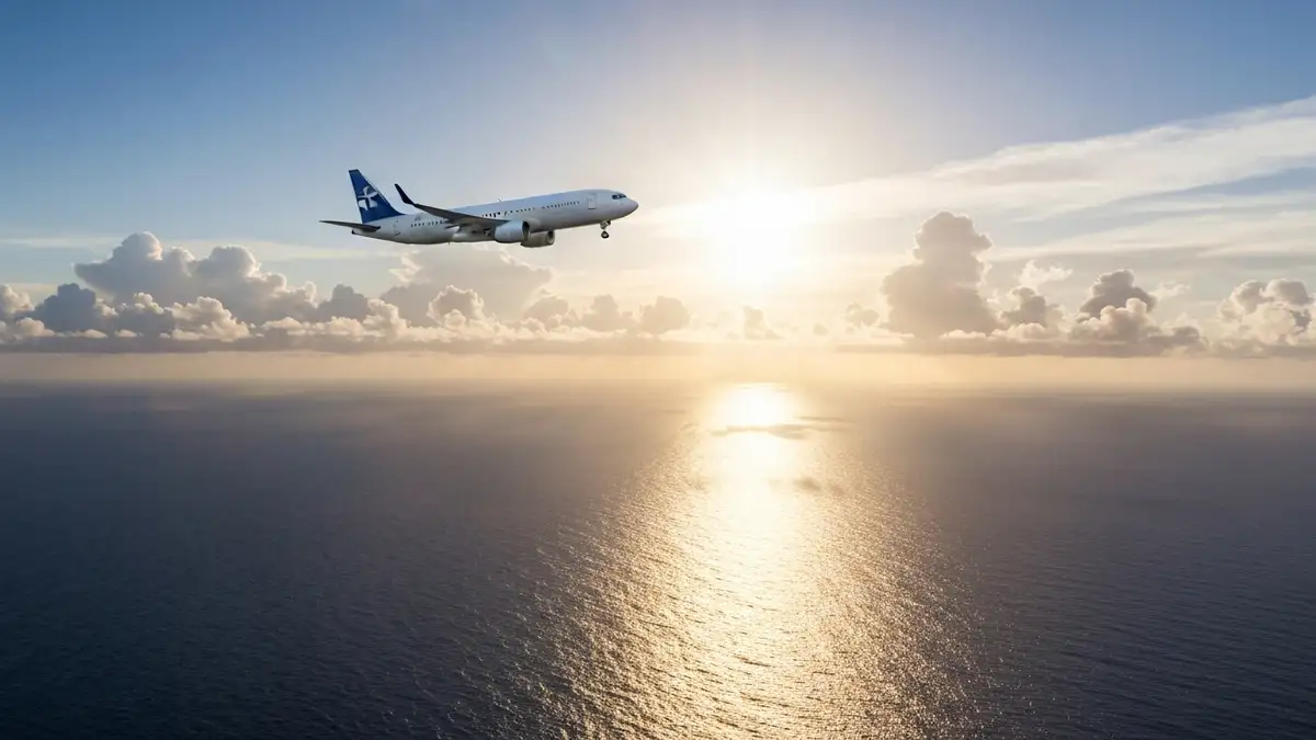 Samolot lecący nad oceanem w kierunku Azji o wschodzie słońca