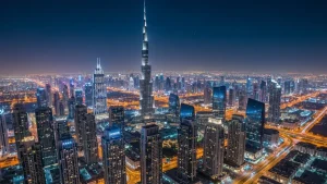 Najwyższe budynki świata - Burj Khalifa w Dubaju nocą z innymi wieżowcami