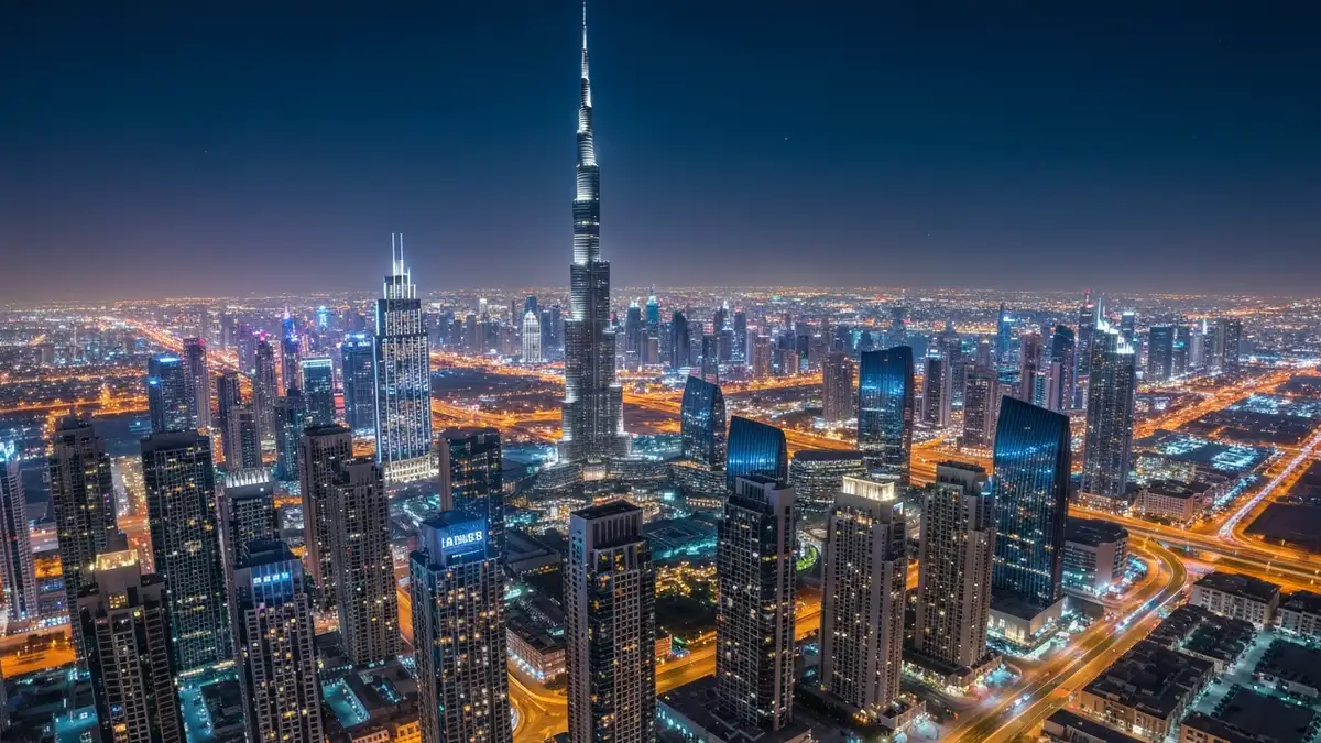 Najwyższe budynki świata - Burj Khalifa w Dubaju nocą z innymi wieżowcami