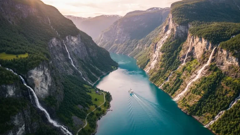 Widok z drona na fiord Geirangerfjord otoczony górami i wodospadami, morze turkusowe