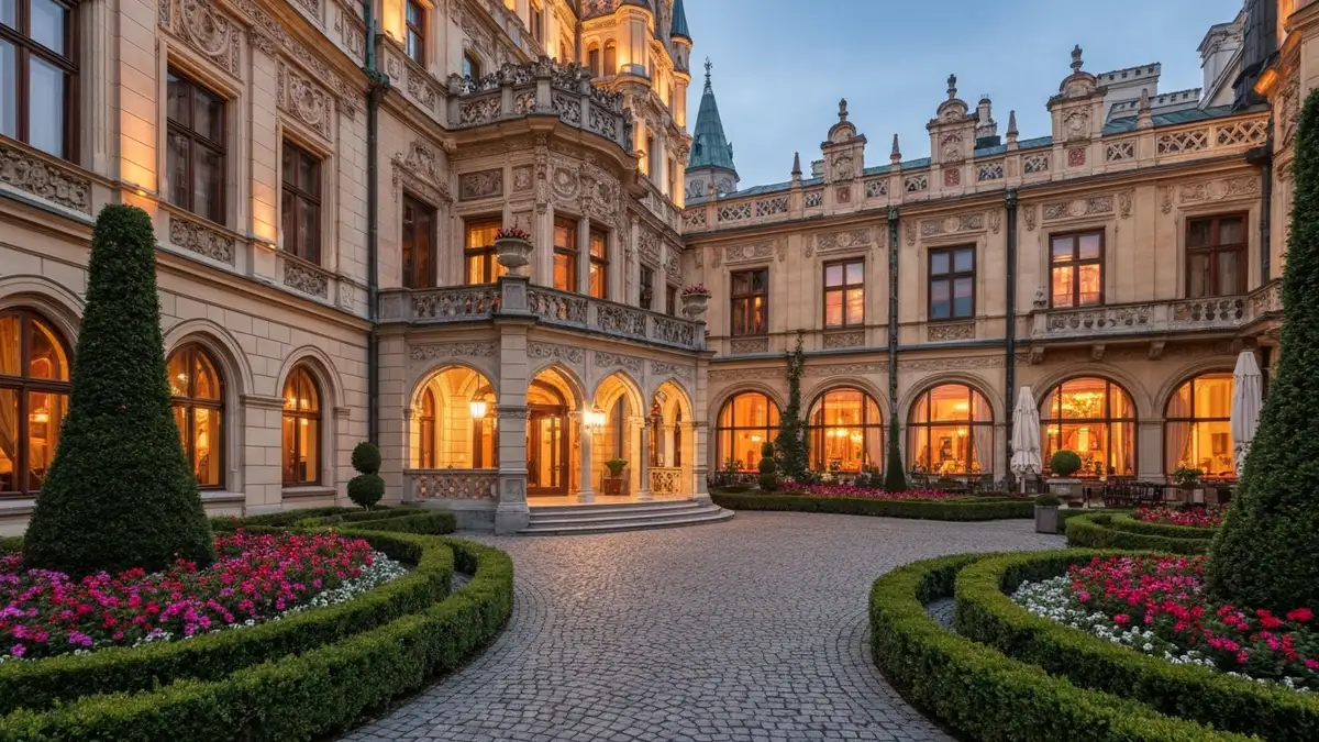 Piękny widok na zamek Moszna z oświetleniem wieczornym, zabytkowa rezydencja przekształcona w luksusowy hotel